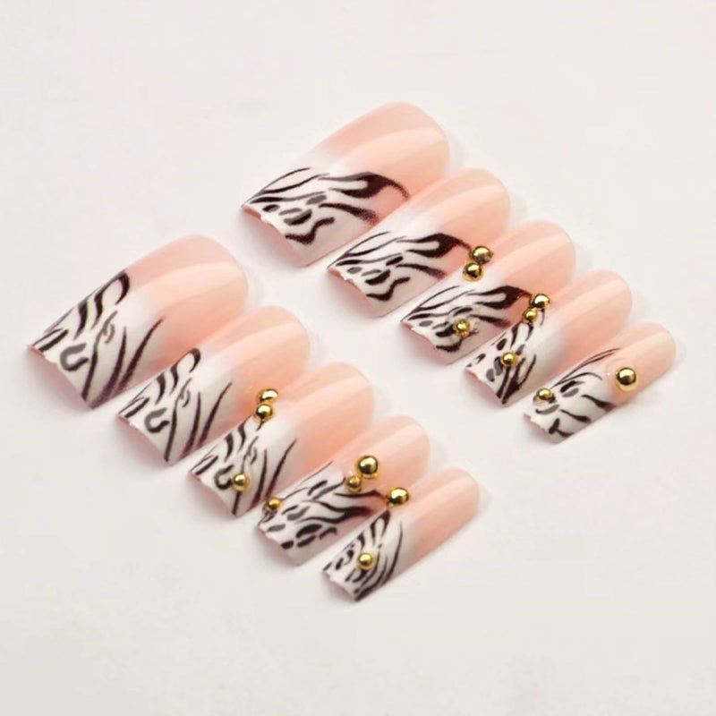 SINHOT Press on Nails - Medium Square Fake Nails, Glossy Finish, Zebra Stripes & Gold Pearls, DIY Artificial False Nail Art - 24 Pcs Nail Kit with Glue - Image 3
